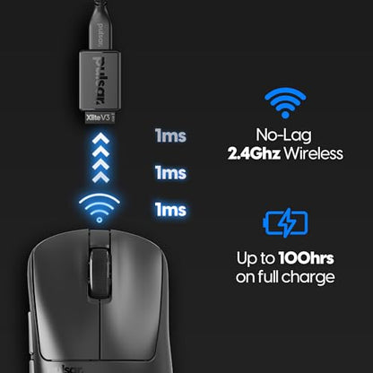 Pulsar Gaming Gears - Xlite v3 Medium Wireless Gaming Mouse, Ultra Lightweight 1.94 oz (55 g), Ergonomic, Optical Switches, PAW3395 Optical Sensor (Medium, Wireless, Black) - color: Black, size: Medium, style: Xlite V3