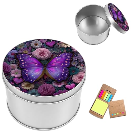 Metal Round Storage Containers Box with Lid, Metal Tins Organizer Box for Earring Jewelry Craft Trinket Keys Watch, Purple Butterfly Design Decorative Storage Case with Notepad - color: Purple Butterfly
