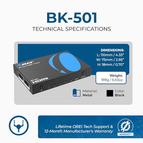 OREI 8K HDMI 2.1 Switch, 5-Port 5-in 1-Out, 8K@60Hz, HDR, Auto Switcher | hdmi switch with remote, hdmi switcher 5x1, 48Gbps, 4K@120Hz, VRR, ALLM, QFT, CEC, PS5/Xbox Compatible - size: 5x1 8K HDMI Switch