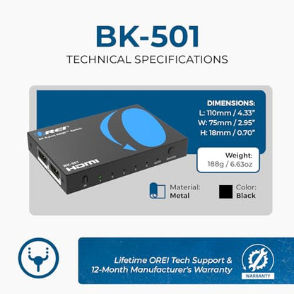 OREI 8K HDMI 2.1 Switch, 5-Port 5-in 1-Out, 8K@60Hz, HDR, Auto Switcher | hdmi switch with remote, hdmi switcher 5x1, 48Gbps, 4K@120Hz, VRR, ALLM, QFT, CEC, PS5/Xbox Compatible - size: 5x1 8K HDMI Switch