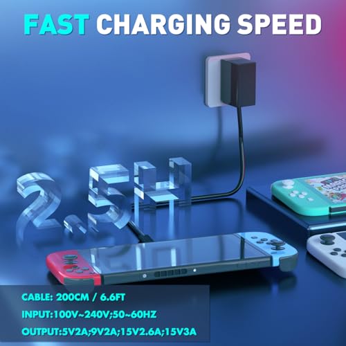 Charger for Nintendo Switch, Fast Charger with 6.6FT Charging Cable, AC Power Supply Adapter for Nintendo Switch OLED/LITE Steam Deck Charger, Support Switch TV Dock Mode Output 15V2.6A USB C Chargers - size: 6.6FT