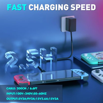 Charger for Nintendo Switch, Fast Charger with 6.6FT Charging Cable, AC Power Supply Adapter for Nintendo Switch OLED/LITE Steam Deck Charger, Support Switch TV Dock Mode Output 15V2.6A USB C Chargers - size: 6.6FT