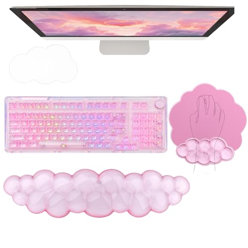 Gel Cloud Wrist Rest Keyboard Clear Pink Mouse Pad with Wrist Rest Set 3PCS Ergonomic Cool Keyboard Wrist Pad Cute Acrylic Coaster Non-Slip Base Cute Transparent Mouse Wrist Pad Support for Computer - color: 3pcs Gel Pink