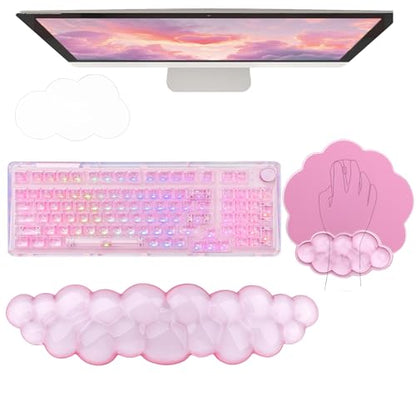 Gel Cloud Wrist Rest Keyboard Clear Pink Mouse Pad with Wrist Rest Set 3PCS Ergonomic Cool Keyboard Wrist Pad Cute Acrylic Coaster Non-Slip Base Cute Transparent Mouse Wrist Pad Support for Computer - color: 3pcs Gel Pink