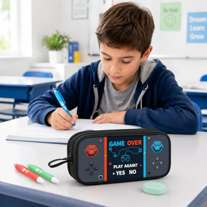 Game Controller Pencil Case for Boys Kids Teens, Large Capacity Pencil Pouch with 3 Compartments, 7 Pockets and Label Pocket for School College Office Travel (Gray) - color: Gray