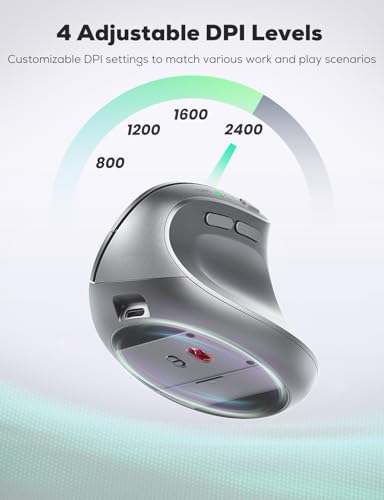 Nulea MD280 Ergonomic Vertical Wireless Mouse - Bluetooth & 2.4G Dual Mode, 4 Adjustable DPI 800/1200/1600/2400, Rechargeable, Silent Clicks, No Lag, 6 Buttons - Perfect for Laptop, Desktop Grey - color: Grey