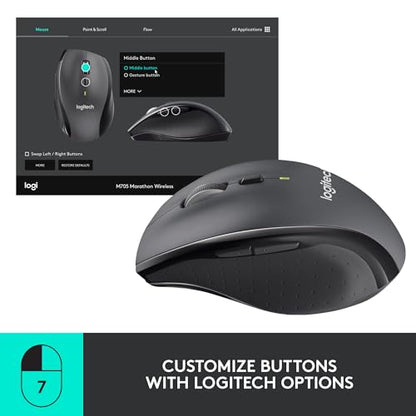 Logitech M705 Marathon Full Size 2.4 GHz Wireless Mouse - Black | Hyper-fast wheel, USB-A Nano Receiver, 5 customizable buttons, Windows Mac Linux compatible, certified for Chrome - style: M705