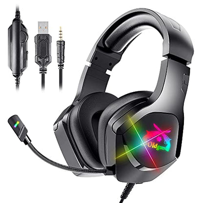 OLDGUN-M50 Gaming Headset Microphone That Will Never be Damaged Stereo Headset for PC/PS4/PS5 Controller, Over Ear Headphones with RGB Light Noice Cancelling Microphone and Soft Earmuffs
