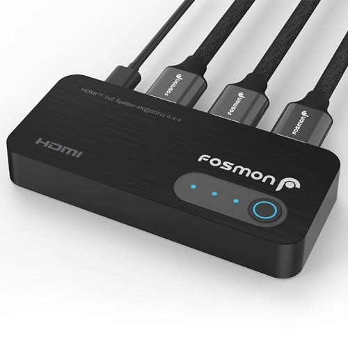 Fosmon HDMI Splitter 1 in 2 Out (4K@60Hz) 2 Port HDMI Splitter for Dual Monitors Duplicate/Mirror Only (*Not for Multi Monitors) with EDID Down-Scaler for Dual Identical Display Support