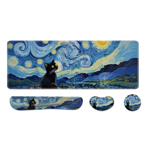 Desk Pad and Keyboard Wrist Rest, Large Mouse Pad + Keyboard Pad+Mouse Wrist Support, Non-Slip Desk Mat Protector for Office, Home 31.5×11.8 Inches Starry Night Cat - color: Starry Night Cat