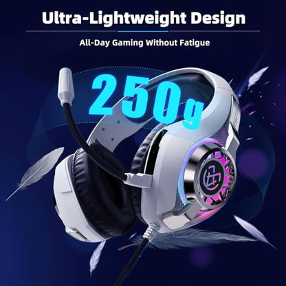 Tatybo Gaming Headset for PS5 PC, Noise Canceling Mic, RGB, White | Over Ear, Deep Bass Stereo Sound for FPS, Battle Royale, Lightweight for Xbox, PS4, Mobile, Nintendo, 3.5mm devices - color: WHITE