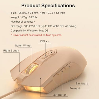 Lomiluskr AJ52 RGB Wired Gaming Mouse, 7 Programmable Buttons, Computer Mice with RGB Lighting, 200-4800 DPI Adjustable, for PC/Laptop (Milk Tea) - color: Milk Tea