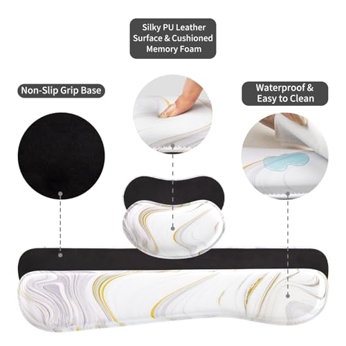 QIYI PU Leather Desk Mat Set, 4-in-1 Ergonomic Wrist Rest, White Marble | Waterproof Large Mouse Pad 31.5×15.7 + Keyboard Wrist Rest + Mouse Wrist Support+Coaster, Non-Slip Office Gaming Accessories - color: Gray White Marble