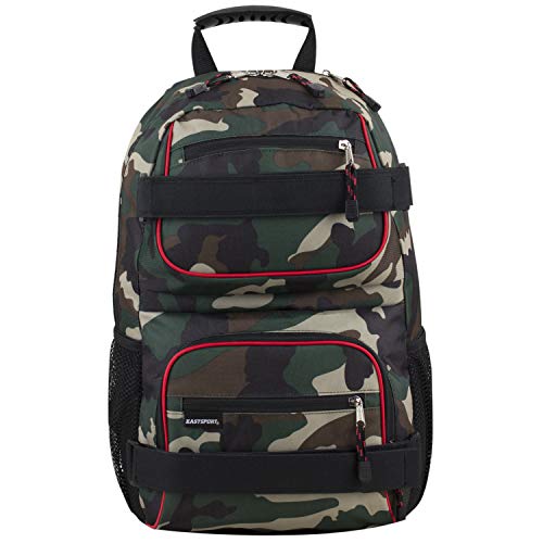 Eastsport Travel Skateboard Backpack Double Strap Laptop Bag Multi-Sport Design for Men and Women, Black Green Camo Red Trim - color: Black/Hunter Green Camo/Poppy Red Trim