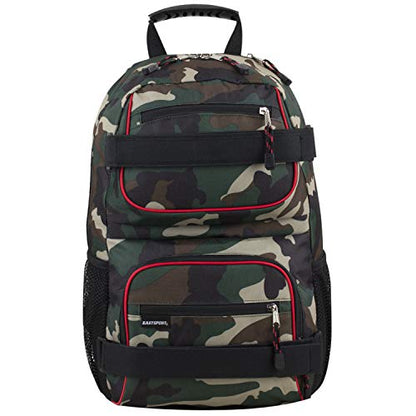 Eastsport Travel Skateboard Backpack Double Strap Laptop Bag Multi-Sport Design for Men and Women, Black Green Camo Red Trim - color: Black/Hunter Green Camo/Poppy Red Trim