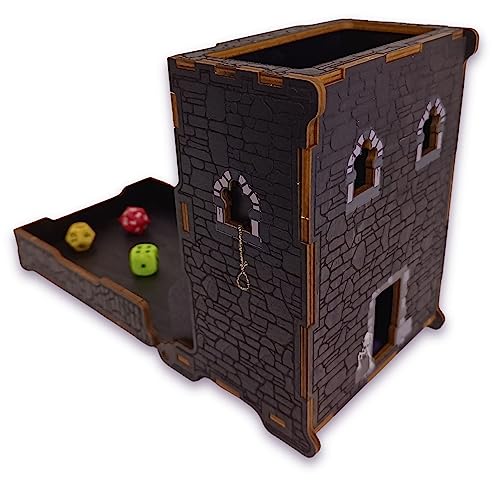 FOXBITE Dice Tower for Dungeons and Dragons Tower with Tray Wood Laser Etched DND Portable and Collapsible Dice Roller Perfect for Board Game and Tabletop RPG, Natural Wood Carved and Printed 5e
