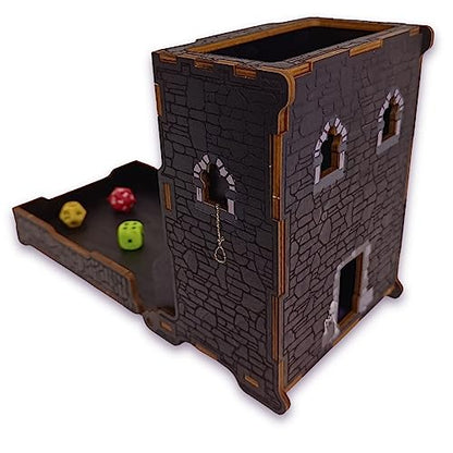 FOXBITE Dice Tower for Dungeons and Dragons Tower with Tray Wood Laser Etched DND Portable and Collapsible Dice Roller Perfect for Board Game and Tabletop RPG, Natural Wood Carved and Printed 5e