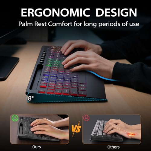 Hamile Wireless Keyboard and Mouse Combo:RGB Backlit Effects,Ergonomic Full Size Silent Keyboard,Wrist Rest,2.4G Rechargeable with Phone Holder Compatible with Windows, Mac,PC,Laptop, Black
