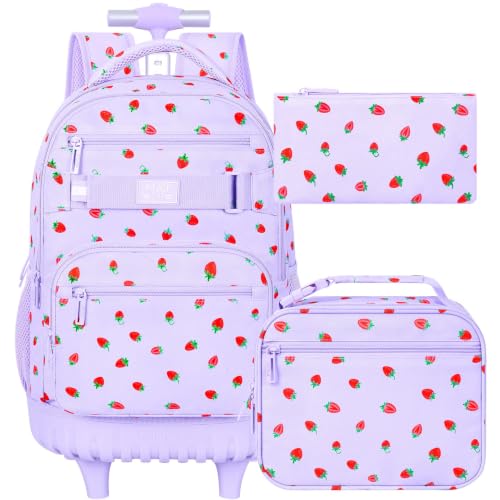3Pcs Rolling Backpack for Girls Women, Travel Roller Backpacks with Wheels for Adults, Teens College Strawberry Wheeled Bookbag with Lunch Box (Purple) - color: Strawberry Purple