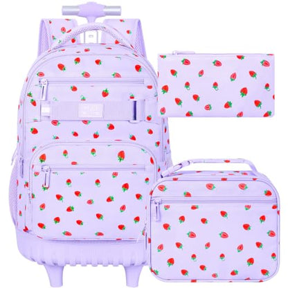 3Pcs Rolling Backpack for Girls Women, Travel Roller Backpacks with Wheels for Adults, Teens College Strawberry Wheeled Bookbag with Lunch Box (Purple) - color: Strawberry Purple