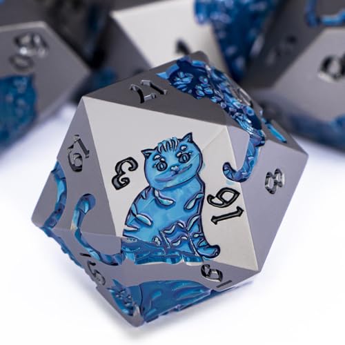 Metal DND Cat Dice 7PCS Polyhedral RPG Dice Set with Gift Case for Dungeons Dragons Role Playing Game, D and D Dice D6 D8 D10 D12 D20 D% (Grey Blue) - color: Cat-grey Blue