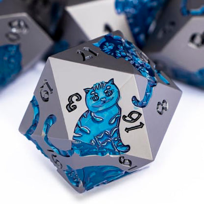 Metal DND Cat Dice 7PCS Polyhedral RPG Dice Set with Gift Case for Dungeons Dragons Role Playing Game, D and D Dice D6 D8 D10 D12 D20 D% (Grey Blue) - color: Cat-grey Blue