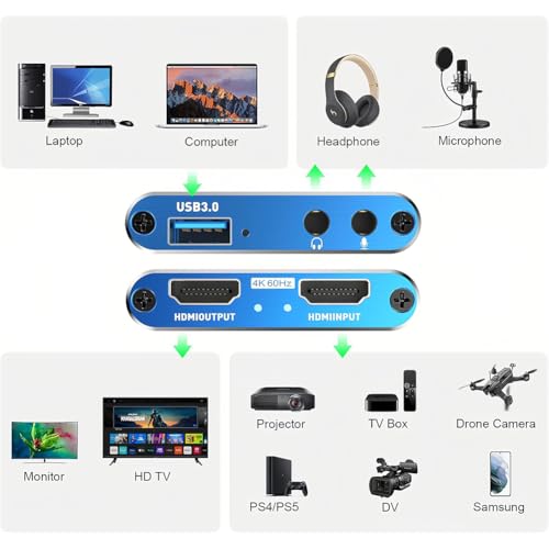 Video Capture Card, Audio Video Capture Card, USB 3.0 Capture Card 4K HDMI Loop-Out, 1080P 60FPS Video Game Capture for Streaming Works for PS5/Switch/Camera/PC/OBS (Blue) - color: Blue