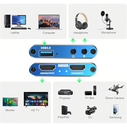 Video Capture Card, Audio Video Capture Card, USB 3.0 Capture Card 4K HDMI Loop-Out, 1080P 60FPS Video Game Capture for Streaming Works for PS5/Switch/Camera/PC/OBS (Blue) - color: Blue