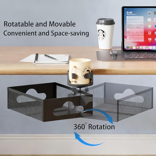 Clamp-On Under Desk Organizer with Cup Holder, 360° Rotating Mesh Drawer with Cable Hole, No-Drill Desk Drawer Organizer for Gaming Desk Accessories, Office Supplies, Coffee Mug, Dorm(2 in1)