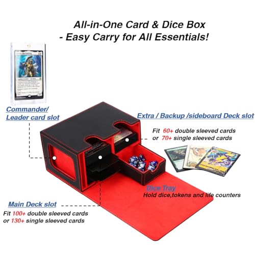 MTG Deck Box for Commander Display with Dice Tray (Black＆Red) | Holds 200 Single/160 Double-Sleeved Cards, Fit MTG/PTCG/OPTCG Cards, Strong Magnet, With 2 Dividers & 1 Magnetic Card Holder - color: Black＆Red