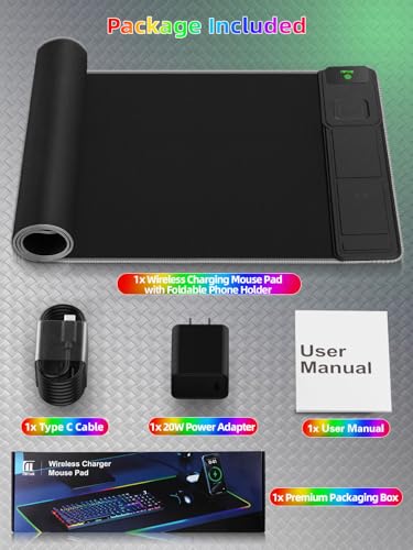 Mouse Pad with Foldable Phone Holder & Wireless Charger, XXL RGB Gaming Mousepad 31.5"x15.8" Large Desk Mat for Keyboard, Black Desk Pad with Dual Qi Charging Station | 11 Colors 5 Modes | Waterproof - color: Black-Right Phone Holder-31.5"x15.8"(with Char