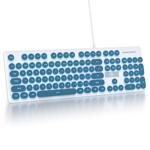 Retro Typewriter Blue Keyboard Full Size, 104 Keys LED Backlit Wired Membrane Keyboard with Number Pad, Ultra Slim Quiet Home/Office Computer Keyboard for PC, Laptop, Desktop (Blue) - color: Blue