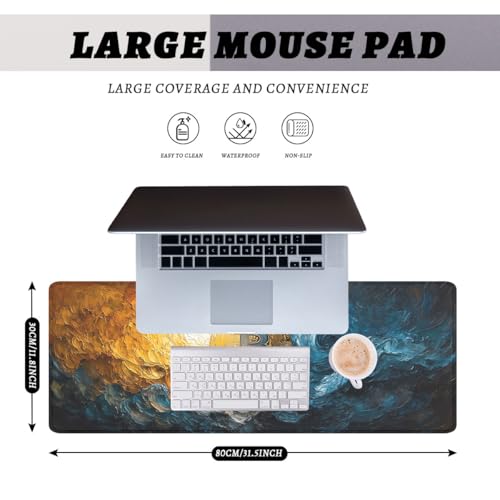 Abstract Mouse Pad Oil Painting Gold Blue Waves Large Gaming Mouse Mat with Stitched Edges,Non-Slip Waterproof Rubber Base Mous Mat Office Computer Keyboard Laptop 31.5x11.8 Inch - color: Abstract_01, size: 31.5L x 11.8W inches