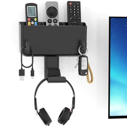 Kytok Adhesive Remote Control Holder Wall Mount with Headset Hanger, 3 in 1 Organizer TV/Fan Remote Caddy with Hook for Headphone, No Drill Controller Storage Bracket, Bed Wall Rack