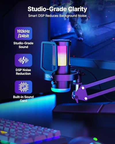 BOYA USB Gaming Microphone with Boom Arm, 192kHz/24bit, Supercardioid + ENC Noise Cancellation, Touch Mute, 9 RGB Effects, Gain Knob, Monitor Jack, Microphone for PC/PS4/PS5/Mac/Android/iOS - size: Boom Arm Version