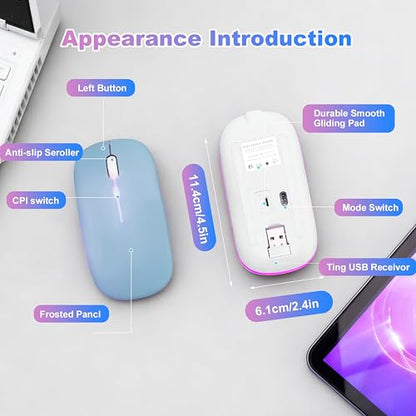 Wireless Bluetooth Mouse, Rechargeable Computer Mouse, Blue | Dual Mode - BT5.2 & 2.4G,Long Lasting,Silent RGB LED Mice,Slim Portable Mouse for Laptop,PC,Tablet,MacBook,iPad,Apple Devices - color: Blue
