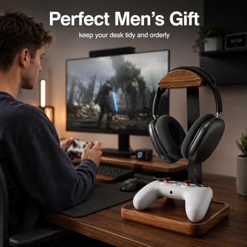 GEVO Headphone Stand, Walnut Wood Headset Stand with Controller Holder, Headphones Holder for Gaming, Office and Desk Compatible with AirPods Max, Bose, Sennheiser, Corsair