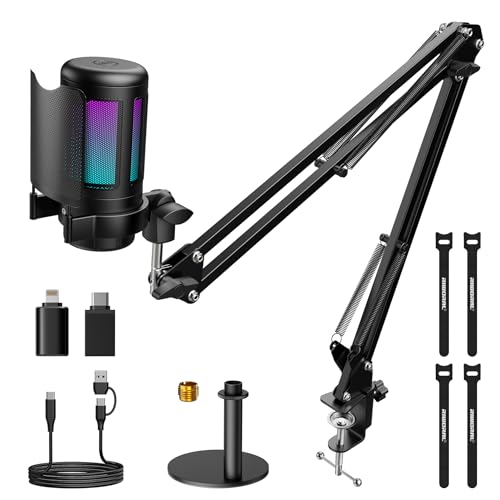 USB Gaming Microphone Kit, RGB Condenser Mic with Mute, Gain, Monitoring Adjustable Boom Arm Stand, Pop Filter, for Streaming, Podcasting, PC Gaming, YouTube, Compatible with PS4/PS5/Windows/Mac