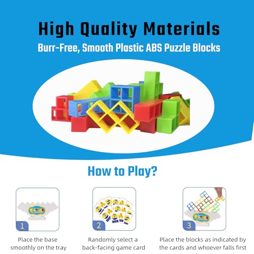 64 Pcs Stacking Tower Game with 22 Cards, Giant Tumble Balance Game for Kids, Family Games for Kids and Adults, Easter Gifts for Teen Boys & Girls, Party Board Game for Kids 6-12 & Adults