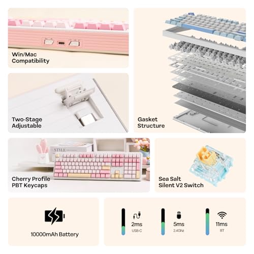 EPOMAKER TH108 Full Size Mechanical Keyboard, Wireless Gaming Keyboard with 8000mAh Battery, Creamy Gasket, 108 Keys, Hot Swap, Custom Driver, RGB Backlight (Pink, Sea Salt Silent) - color: Pink, size: Sea Salt Silent