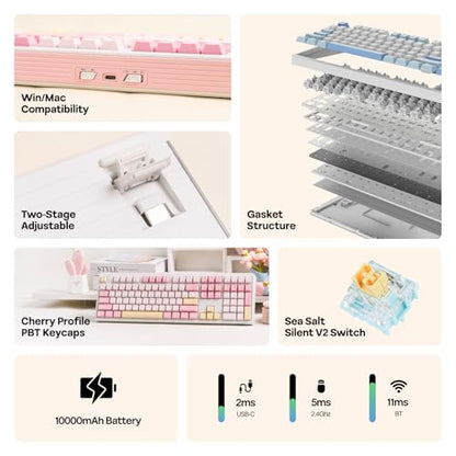 EPOMAKER TH108 Full Size Mechanical Keyboard, Wireless Gaming Keyboard with 8000mAh Battery, Creamy Gasket, 108 Keys, Hot Swap, Custom Driver, RGB Backlight (Pink, Sea Salt Silent) - color: Pink, size: Sea Salt Silent
