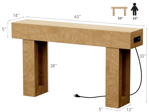 63 Inch Long Console Table w/Outlets & USB Ports, Narrow Rectangular Sofa Table Behind The Couch, Farmhouse Entryway Table for Entrance, Hallway, Living Room - color: Natural, style: With Socket