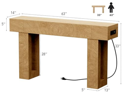 63 Inch Long Console Table w/Outlets & USB Ports, Narrow Rectangular Sofa Table Behind The Couch, Farmhouse Entryway Table for Entrance, Hallway, Living Room - color: Natural, style: With Socket