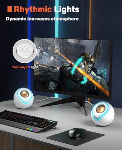 LENRUE Computer Speakers, PC Speakers with Colorful Lights Button, Volume Knob, 45 ° Tilt, Loud Sound, AUX and USB Powered for PC Desktop Monitor Laptop - color: pure white