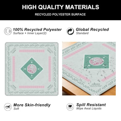 Mahjong Mat for Table with Rules, 31.5" x 31.5" Noise Reduction Non Slip Waterproof Mah Jong Table Mat with Carrying Bag, Suitable for Mahjong, Poker, Board Games, Dominoes, and Card Games(Cyan) - color: Cyan
