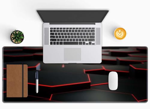 Gaming Mouse Pad Large, Keyboard Mouse Mat Desk Pad, Non-Slip Rubber Base with Stitched Edges Mousepad, 31.5X11.8 inch Abstract Black Hexagon Background with Red Line - color: Abstract Black Hexagon