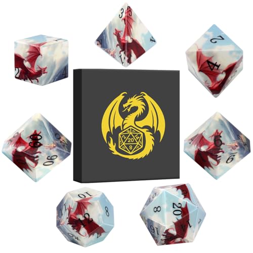 DND Dice Set, Dragon Theme Dice Set, UV Printed, Resin Material, DND Starter Set, 7pcs Polyhedral Dice Set with Dice Box, Role Playing Board Games Accessories - color: Dragon Style Gift Box