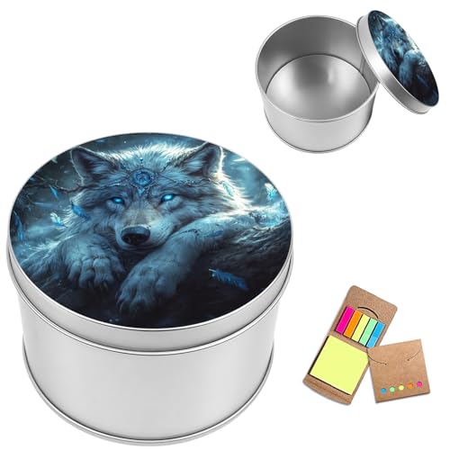 Metal Round Storage Containers Box with Lid, Metal Tins Organizer Box for Earring Jewelry Craft Trinket Keys Watch, Moon Wolf Design Decorative Storage Case with Notepad - color: Moon Wolf