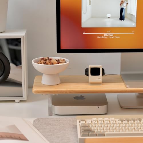 Bamboo Monitor Stand Riser, Natural Desk Shelf with Acrylic Legs | 31.5-Inch Wide, 3.3-Inch Clearance, Fits Monitor, Laptop, Printer and Speakers for Small Desks - color: Natural
