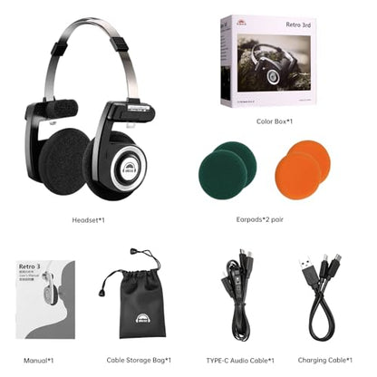 okcsc Classic On-Ear Headphones, Retro Style, BT Wireless Retro Headphones, Ultra Lightweight Retro Headsts/Bullt-in Mic/40mm Class Composite Film/BT 5.3 & Wired Two Connection Modes, BT/Black - color: Black, size: Bluetooth
